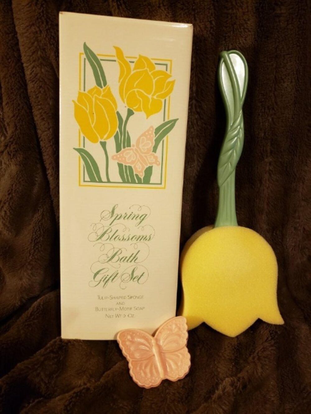 Vintage Avon Spring Blossoms Bath Gift Set Tulip Sponge & Butterfly Soap 2 oz